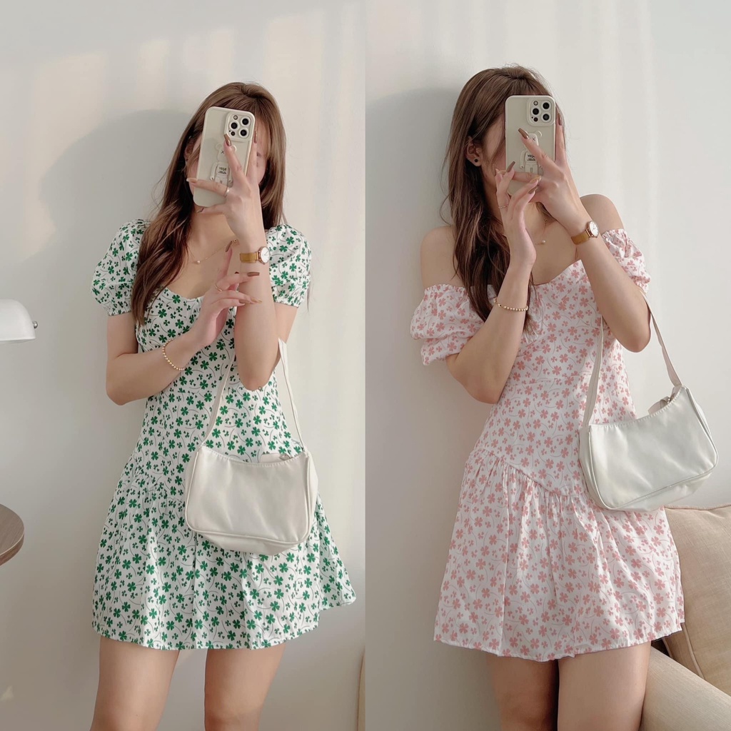 Đầm váy cộc tay cỏ may mắn, phong cách Hàn Quốc vintage mùa hè Kozoda D60