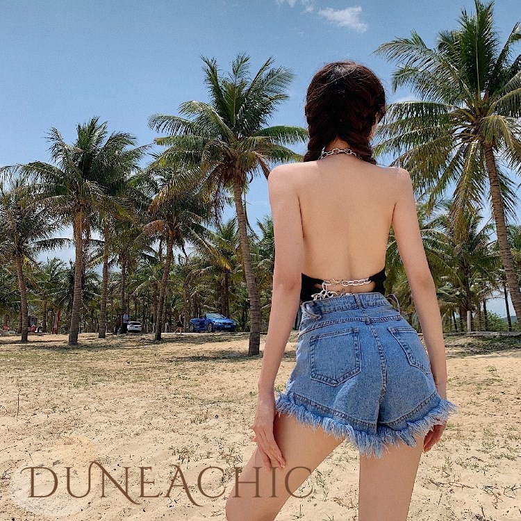 DUNEA Quần Short Denim Lưng Cao Ống Rộng Kiểu Dáng Quyến Rũ Cho Nữ