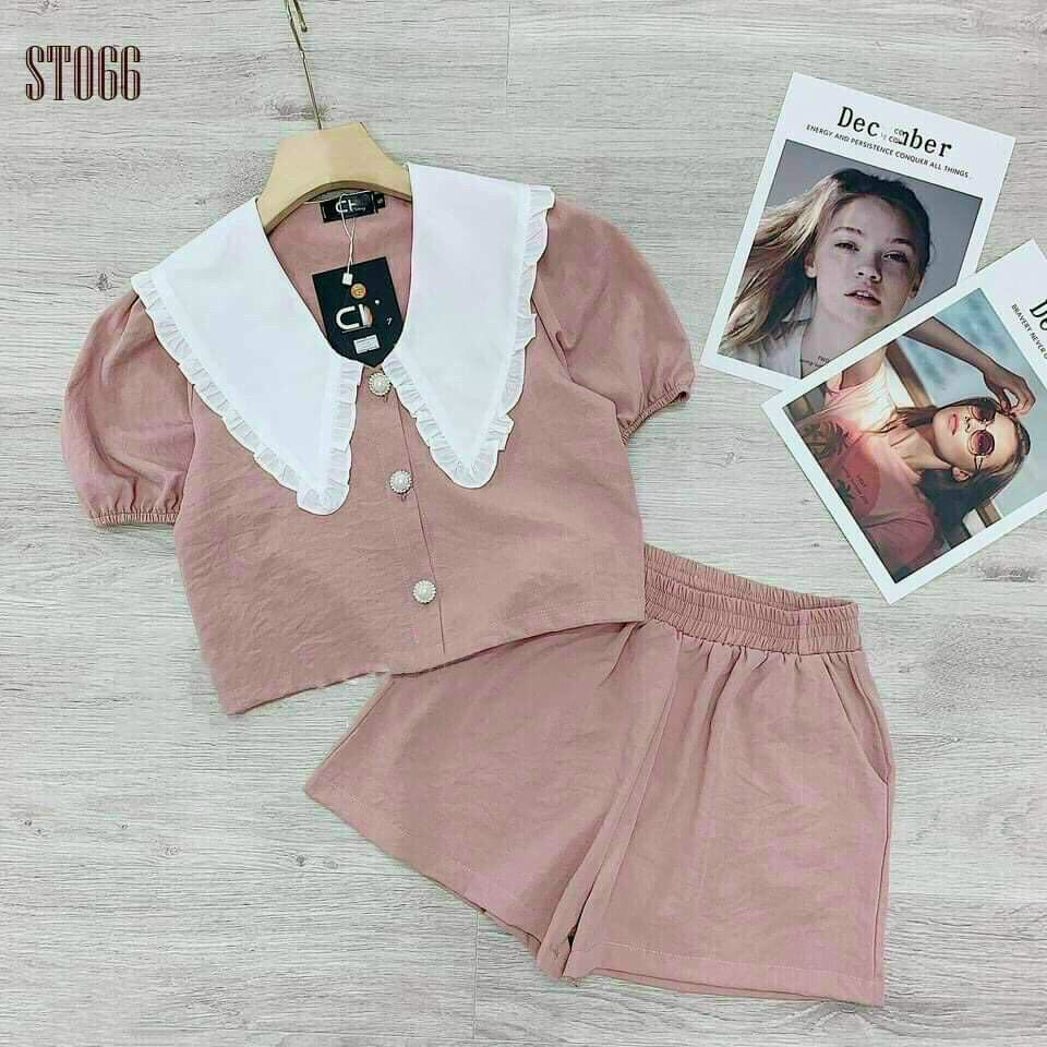 Set Đồ Nữ Đẹp ⚡𝙎𝙄𝙀̂𝙐 𝙎𝘼𝙇𝙀⚡ Set Bộ Đùi Cổ Phối Siêu Dễ Thương, Chất Đũi Nhăn Thoáng Mát, Freesize 50-55kg - 78059