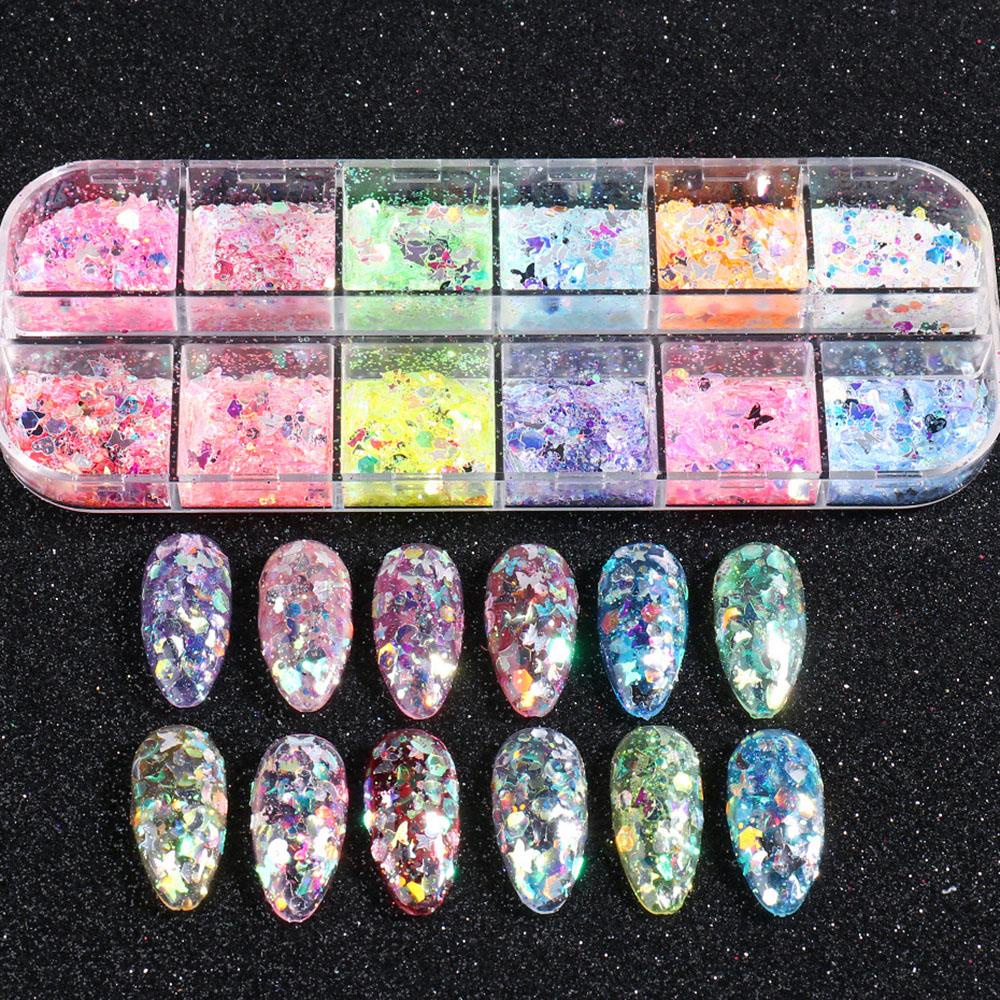 AROMA Hộp 12 Ngăn Đựng Hạt Kim Tuyến Trang Trí Móng Tay Màu Sắc Tươi Sáng DIY