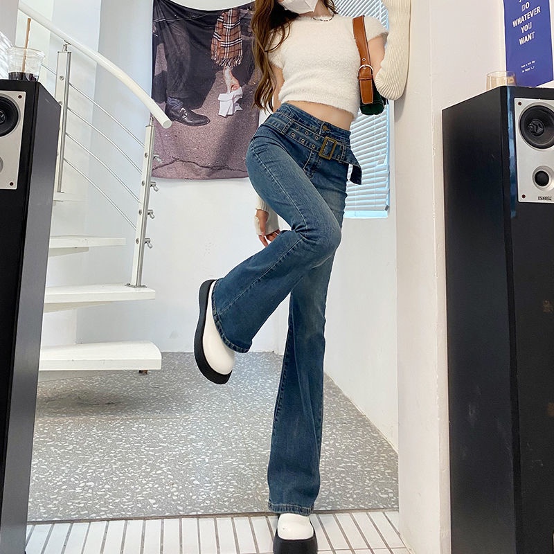 Jiashucheng Quần Jean Dài Ống Loe Lưng Cao Nhẹ Nhàng Ôm Dáng Mùa Xuân Hè Châu Âu Cổ Điển Cho Nữ