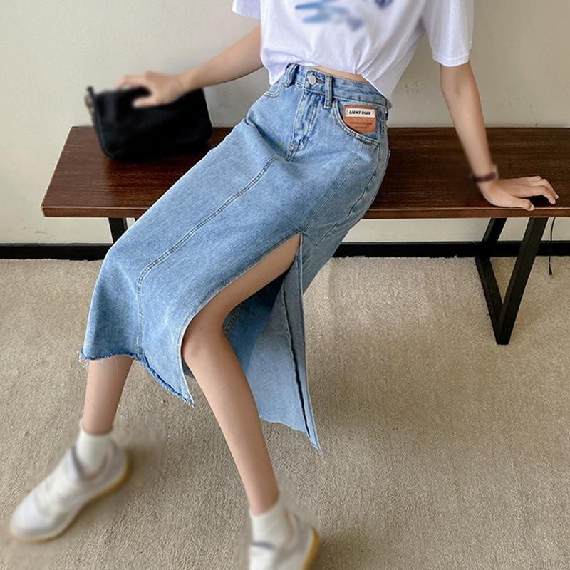 Chân Váy Jean Lưng Cao Màu Trơn Phong Cách Hàn Quốc Retro Cho Nữ