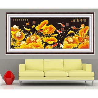 tranh đính đá cá chép hoa sen kt 176x75cm