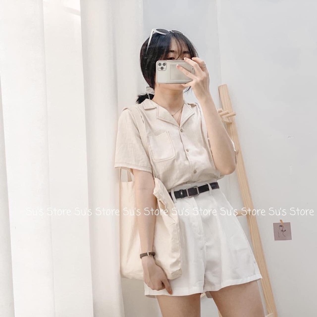 [Mã WASTUP giảm 10% tối đa 30K đơn 99K] Áo sơmi cổ vest viền chỉ nổi hai màu be và trắng (hình thật/sẵn) | BigBuy360 - bigbuy360.vn