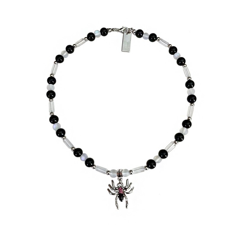 Vòng cổ Chuỗi Hạt Tròn Màu Đen Mặt Hình Nhện Đính Đá Thời Trang Trẻ Trung Cho Nam Nữ