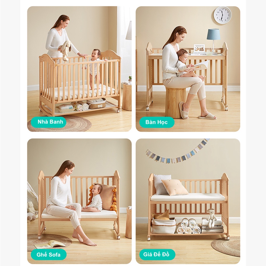 Giường Cũi Gỗ 8 Chức Năng Sơn Gốc Nước Không Mùi Tiêu Chuẩn Châu Âu Kèm Bảng Trắng Và 4 Bánh Xe Để Di Chuyển
