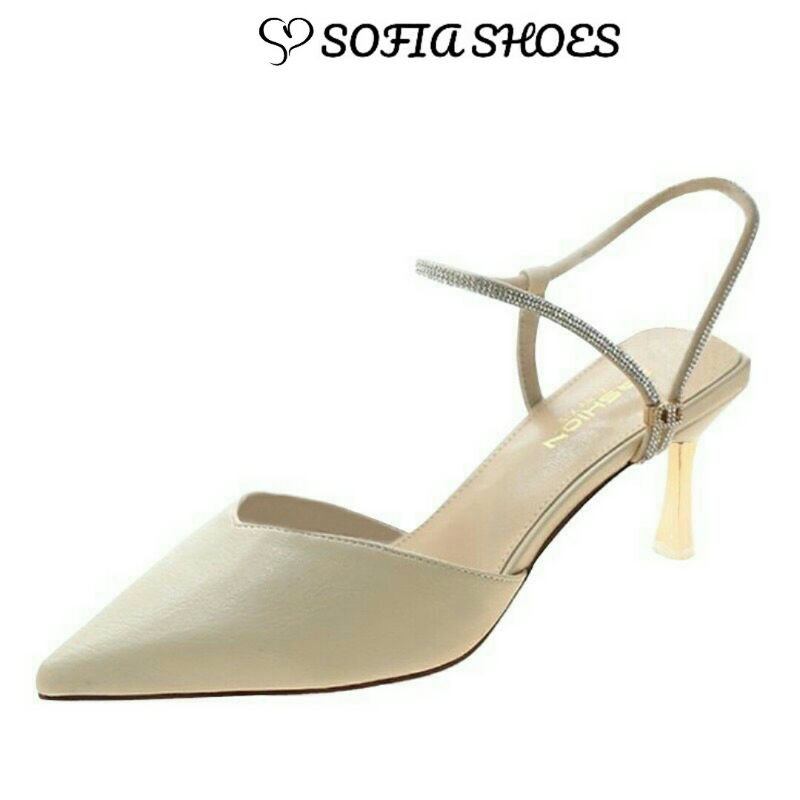 Giày cao gót 5p SOFIA SHOES mũi nhọn quai hậu đính đá Sandal cao gót bít mũi