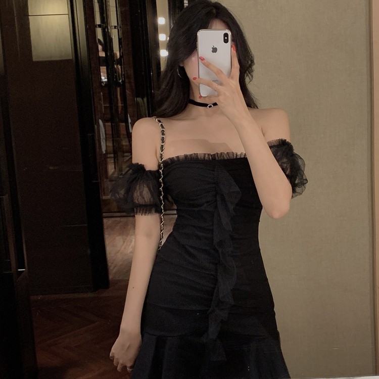 JANE'S Đầm dự tiệc trễ vai tôn dáng Black