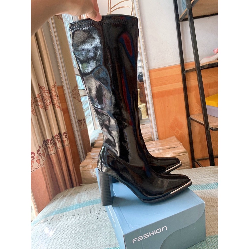 SẴN Giày boots 9P cao gót nữ gầy nhưng đến đầu gối mùa thu mới  sáng chế da cao gót mũi vuông giữa ống mỏng B007