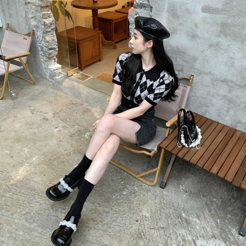 Áo Cardigan Ngắn Tay Cổ Polo Cài Nút Phong Cách Anh Quốc Cổ Điển Cho Nữ | BigBuy360 - bigbuy360.vn