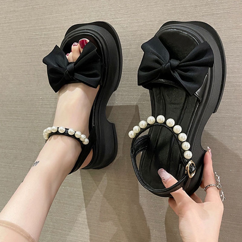 Giày xăng đan IELGY thắt nơ đính ngọc trai nhân tạo thời trang dành cho nữ