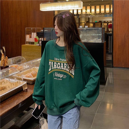 Áo Sweater Nỉ Targarem Vintage Form Rộng Tay Phồng Màu Xanh