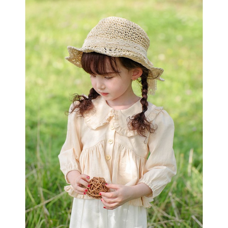 Áo Sơ Mi Tay Dài Cổ Búp Bê Phối Ren Thời Trang Xuân Thu Kiểu Pháp Mới Cho Bé Gái