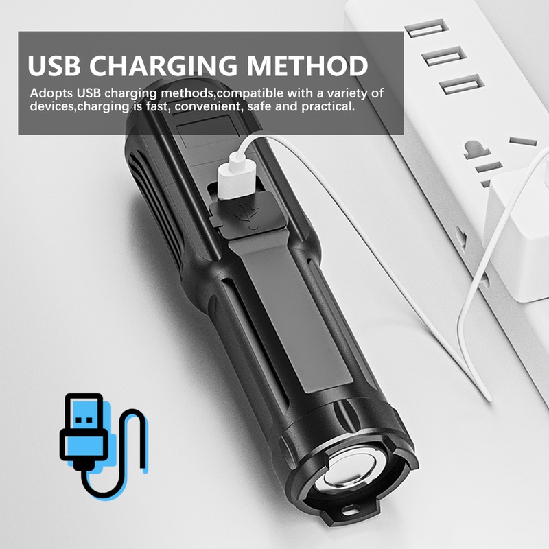 Đèn pin nhiều chế độ phóng to được chống thấm nước có cổng sạc USB