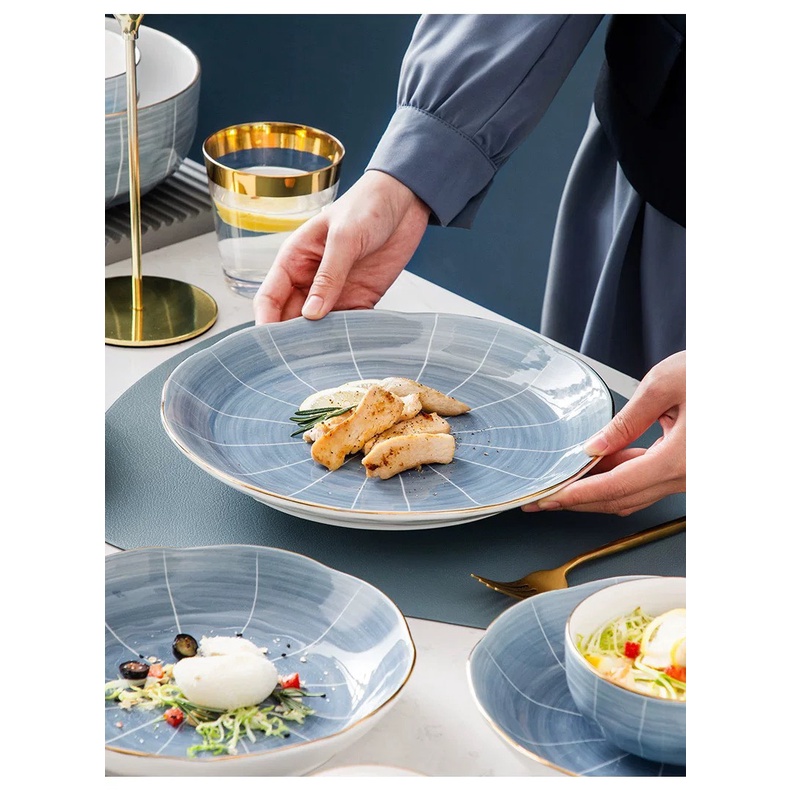 Bộ bát đĩa sứ cao cấp màu xanh ghi vàng kim - phong cách Bắc Âu