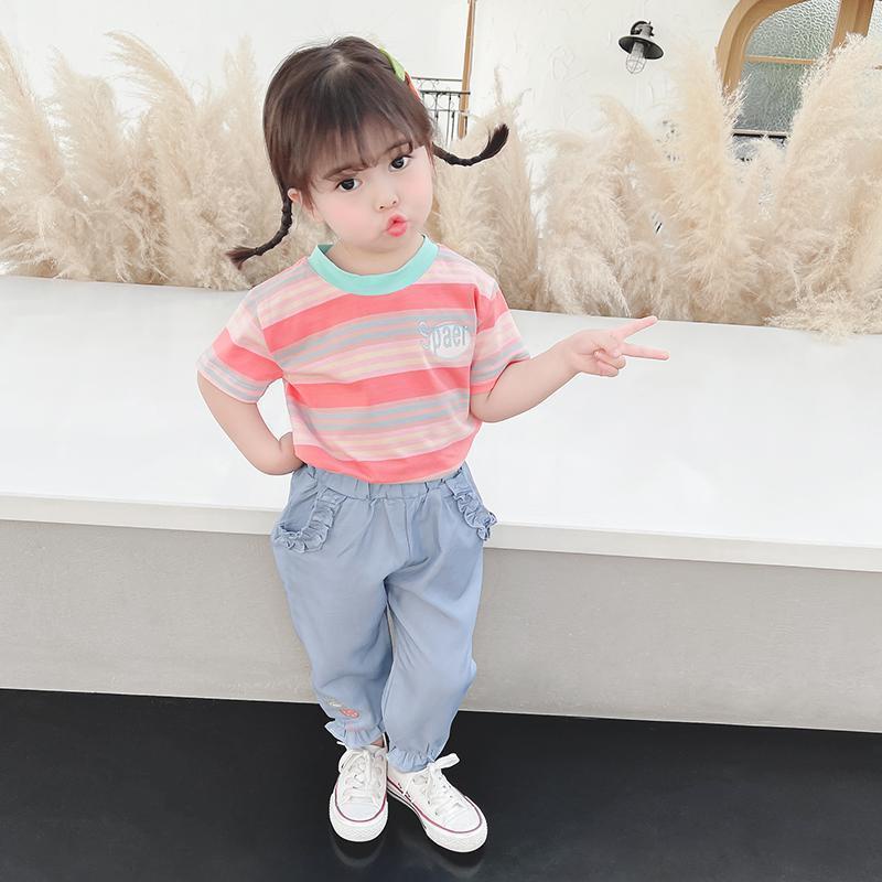 Áo Thun Tay Ngắn Kẻ Sọc Họa Tiết Hoạt Hình Phong Cách Hàn Quốc Cho Bé Gái