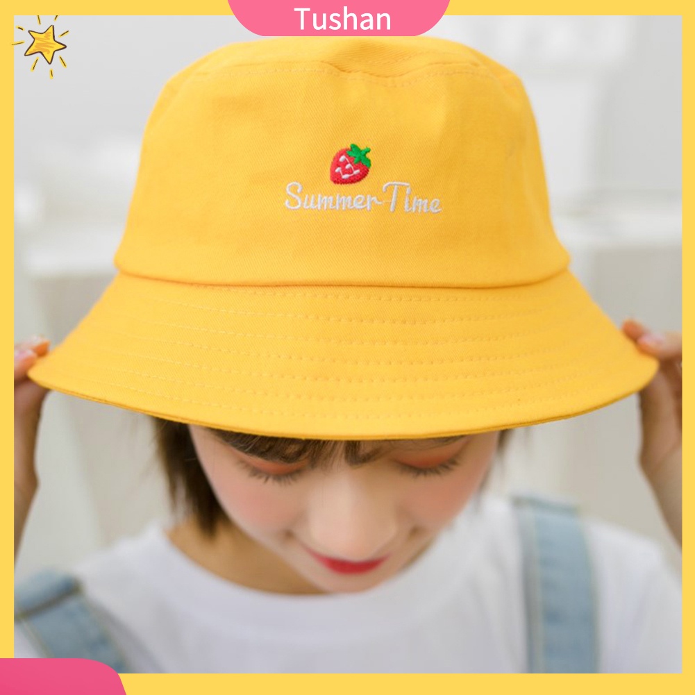 Mũ vành nhỏ vải cotton thoáng mát thêu chữ và hình quả dâu thời trang