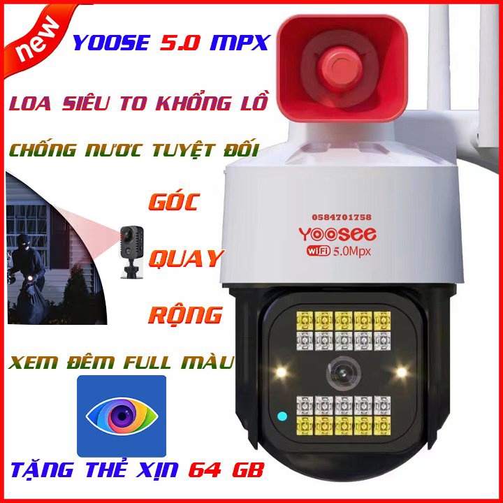 TẶNG THẺ 64GB CAMERA YOOSEE 5.0 MPX  HÌNH ẢNH SIÊU SẮC NÉT, CHỐNG NƯỚC TỐT, ĐÊM CÓ MÀU, LOA BÁO ĐỘNG LỚN NÊN BÁO ĐỘNG