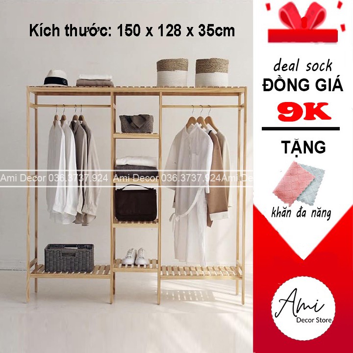 Tủ, kệ treo quần áo 3 buồng Hàn Quốc - decor trang trí shop thời trang, phòng ngủ - tủ gỗ thông 150 x 128 x 35 cm