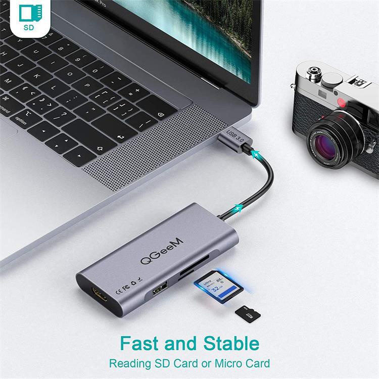 Bộ thiết bị Hub chia chuyển đổi USB 3.0 QGeeM 4K 7 trong 1 sang HDMI USB Type C sạc nhanh PD 100w khe đọc thẻ SD TF