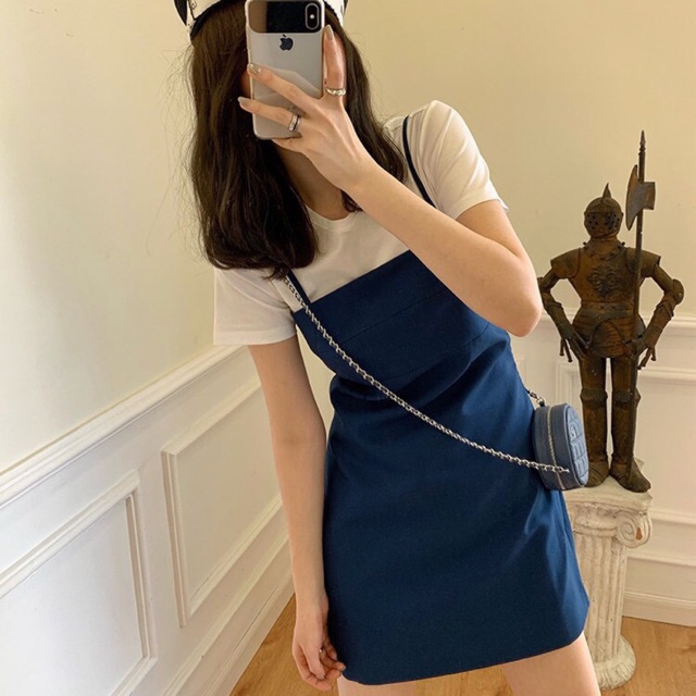 Set áo thun + váy dây body xanh