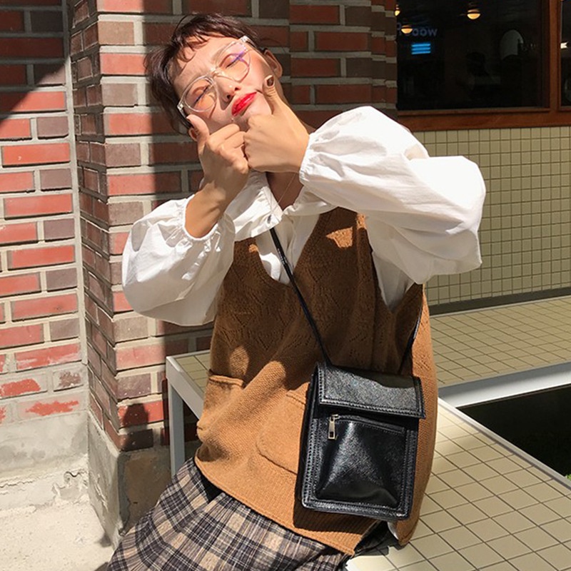 Túi xách IELGY đeo chéo vai hình vuông nắp lật bằng da PU màu đen kiểu Nhật Hàn cho nữ