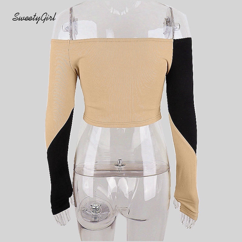 Áo croptop tay dài trễ vai màu sắc tương phản quyến rũ cho nữ