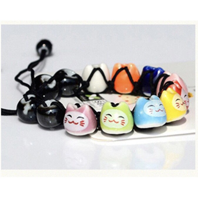 Vòng tay thủ công gốm sứ mèo may mắn Maneki-neko tinh xảo dây rút