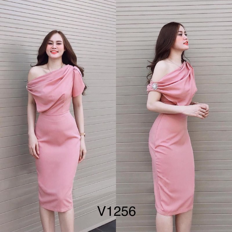 [ xả kho ] MiD Đầm hồng lệch vai V1256 nữ tính Mie Design kèm ảnh thật