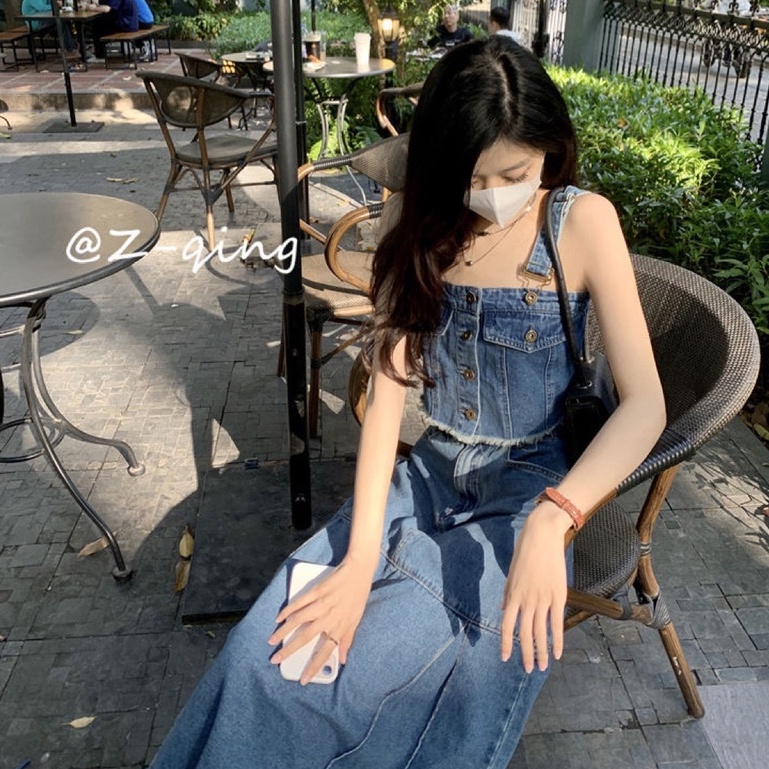 Set Áo Hai Dây Phối Chân váy jean Chữ A Lưng Cao Thời Trang Hàn Quốc Cá Tính Cho Nữ