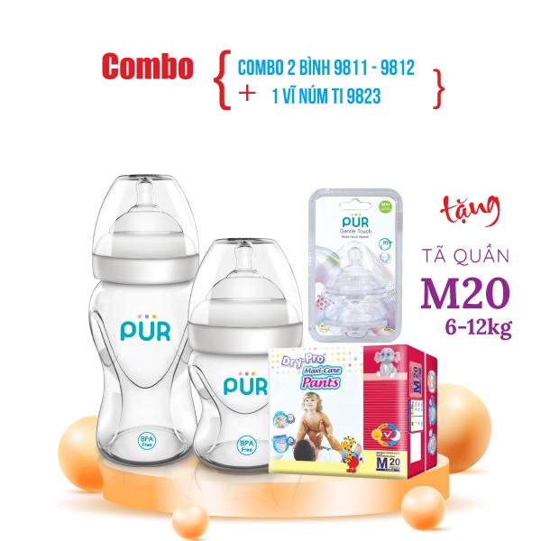 Combo 2 bình sữa Pur cổ rộng 150ml, 250ml, vỉ núm size L - Tặng gói tã bỉm cho bé