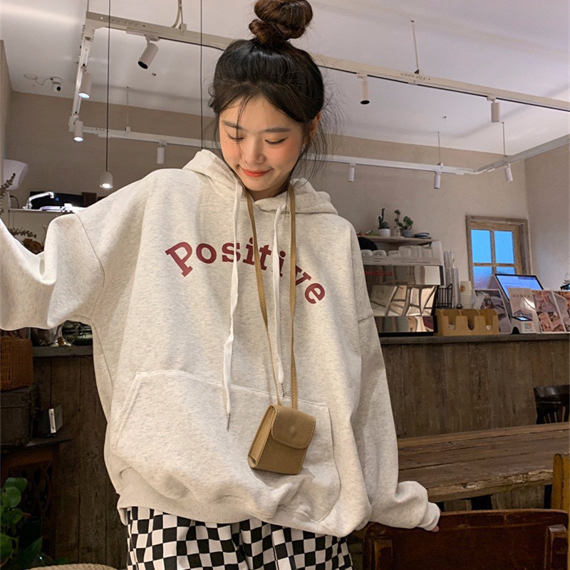 Áo hoodie nữ có mũ POSITIVE form rộng 2 màu xinh xắn/ Áo nỉ mặc thu đông tay bồng có túi trước trẻ trung_xuongmaythuhien | BigBuy360 - bigbuy360.vn