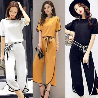 SET BỘ ĐỒ ÁO HỞ VAI QUẦN ỐNG RỘNG PHỐI VIỀN TRẮNG CÁ TÍNH có size lớn -   HÀNG NHẬP KHẨU