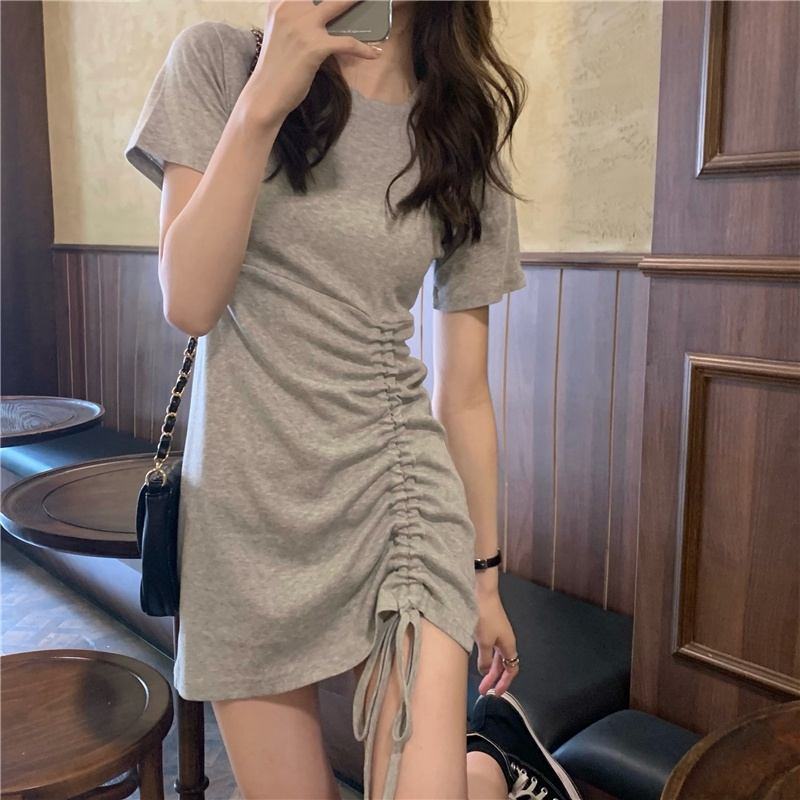 SUXI Đầm Midi Tay Ngắn Dáng Ôm Màu Sắc Đơn Giản Thời Trang Mùa Hè Xinh Xắn Cho Nữ