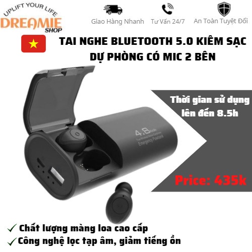 Tai nghe Mini Dreamie Bluetooth 5.0 nhét tai kiêm sạc dự phòng có mic ở 2 bên