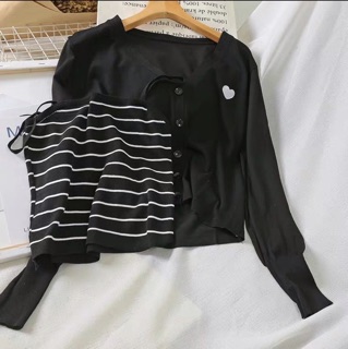 Set Áo khoác Len Cardigan ❤️ áo croptop sọc 2 dây (ảnh thật)