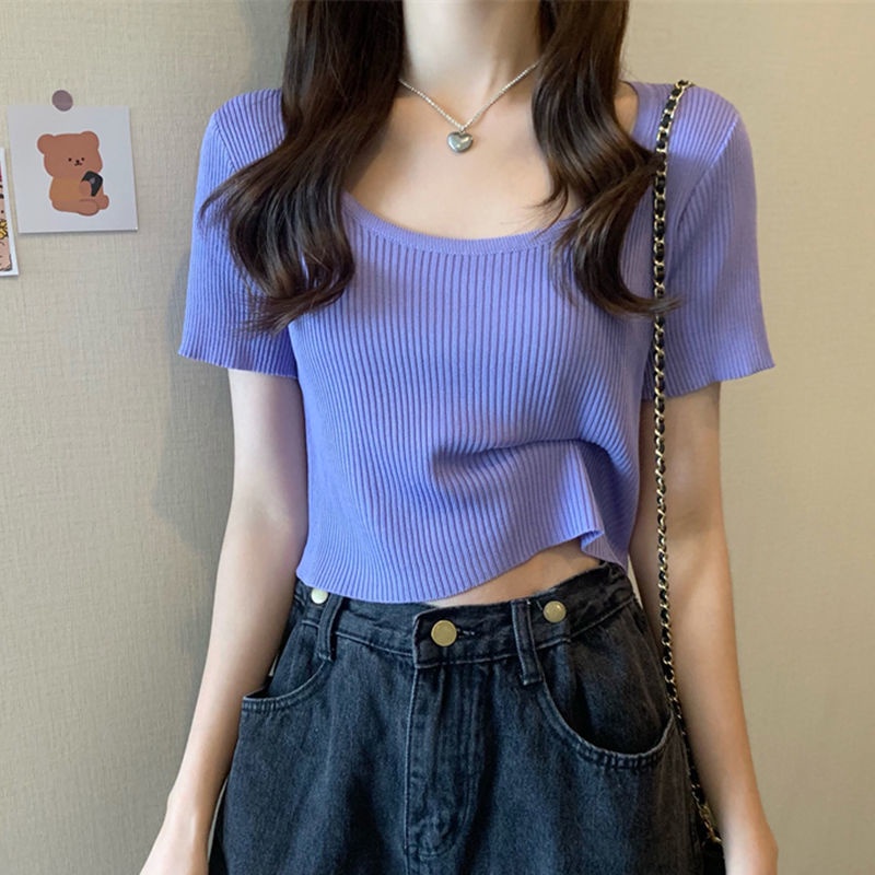 Áo thun Croptop Dệt Kim Tay Ngắn Cổ Vuông Phong Cách Hàn Quốc Thời Trang Cho Áo phông Nữ NZ-TX-251