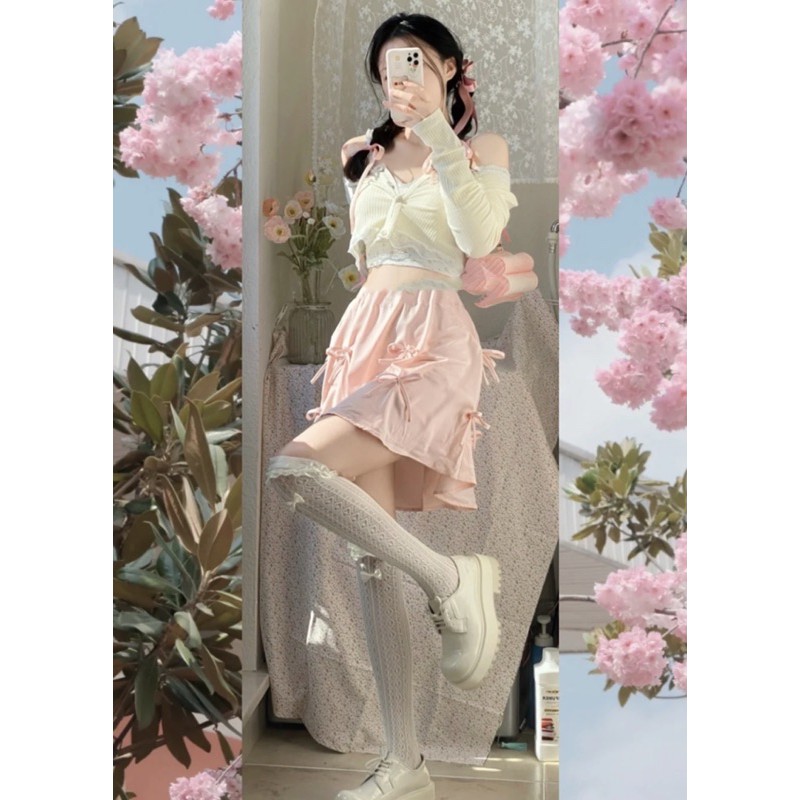 Set áo 2 dây croptop+áo cardigan tay dài + chân váy hồng đính nơ xinh xắn phong cách ulzzang Sam Sam Boutique