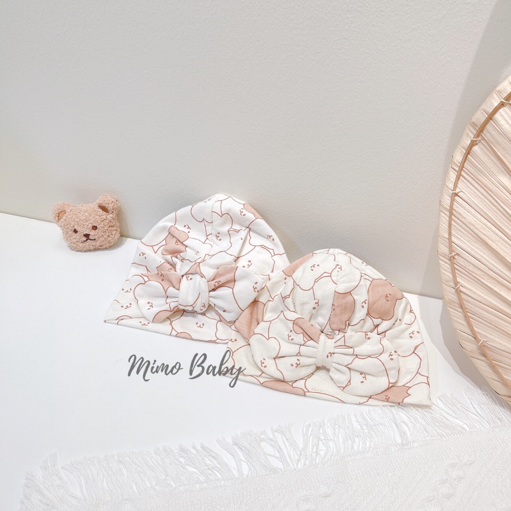 Mũ turban màu kem họa tiết hình gấu cho bé MTB96 Mimo Baby
