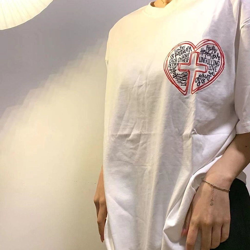 100% cotton short-sleeved T-shirt for women Summer new loose ins fashion brand American retro heart embroidery letter top B99X
