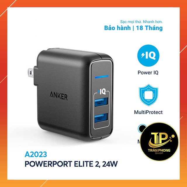 Cốc sạc 2 Cổng Anker PowerPort Elite 24W A2023 - Bảo Hành 18 Tháng, Hàng Chính Hãng