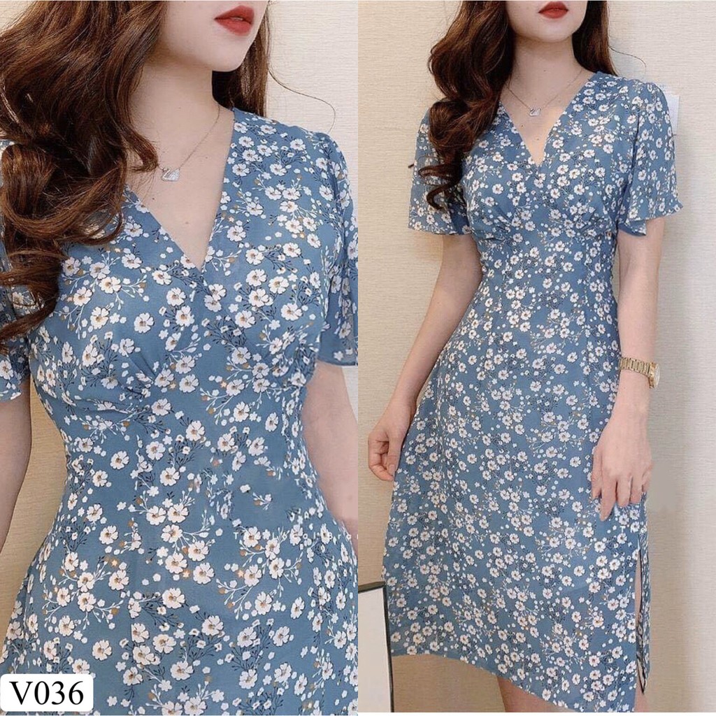Váy xanh hoa nhí V036 - MC phân phối chính thức ( kèm ảnh thật shop tự chụp)
