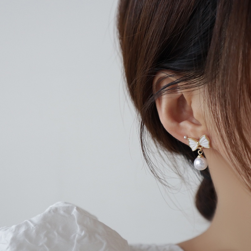 Bông Tai Hình Nơ Đính Ngọc Trai Dễ Thương Phong Cách Hàn Quốc