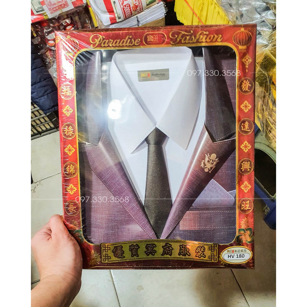 Bộ vest complet nam kèm áo sơ mi cravat, quần áo giấy vàng mã đóng hộp loại đẹp - VM28