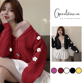 Gaeul store- áo khoác len cardigan croptop 2 khuy mix bông hoa tay áo