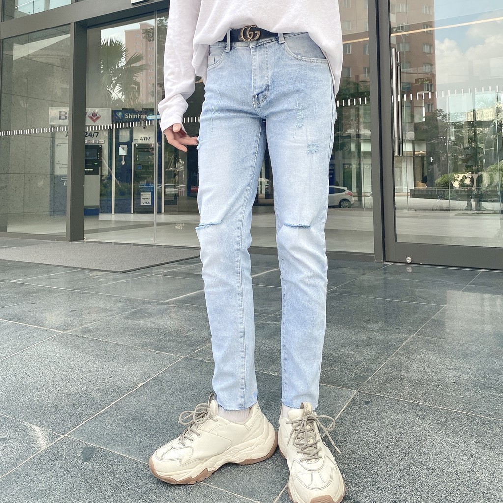Quần Jean Nam Màu Xanh Nhạt ✅Rách Gối ✅Jean Co Dãn [Freeship] Cam Kết Đổi Trả TRENDYSTORE [#1991] | BigBuy360 - bigbuy360.vn
