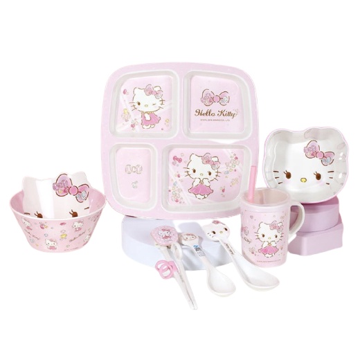 [Mẹ&amp;bé] BỘ SẢN PHẨM ĂN DẶM CHO BÉ HỌA TIẾT MÈO HỒNG KITTY DỄ THƯƠNG.