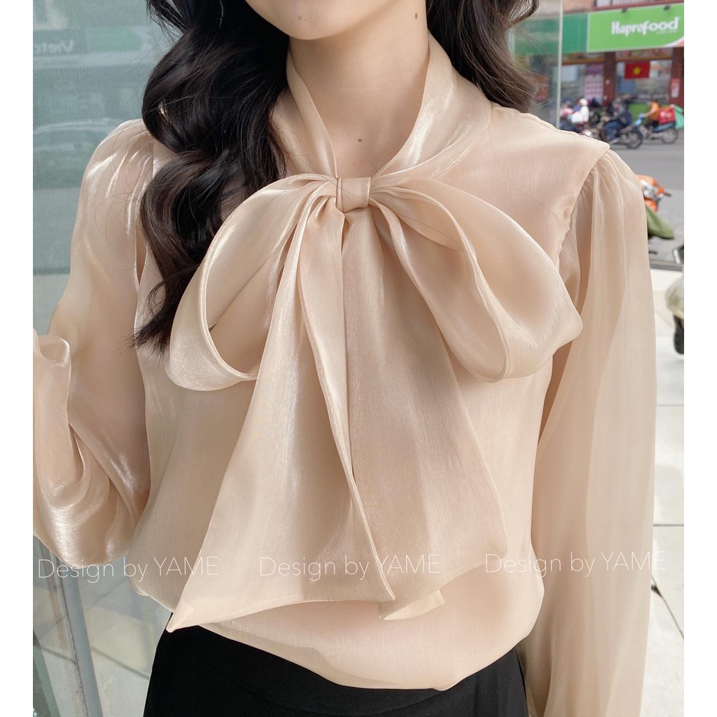 Áo sơ mi công sở, sơ mi cách điệu nữ chất tơ oganza mềm min tay bồng cổ thắt nơ màu nâuA03 YAME