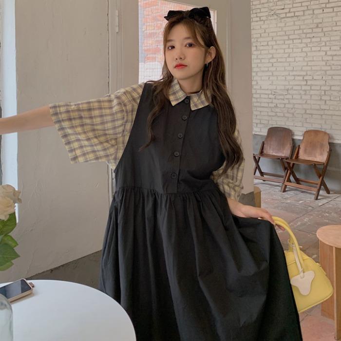 Set Áo Sơ Mi Caro + Váy Yếm Dáng Rộng Phong Cách Retro Mới Cho Nữ