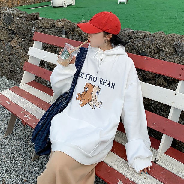 Áo khoác hoodie lót nhung dày dặn dáng rộng in hình gấu phong cách Hàn Quốc vintage dễ thương cho nữ | BigBuy360 - bigbuy360.vn